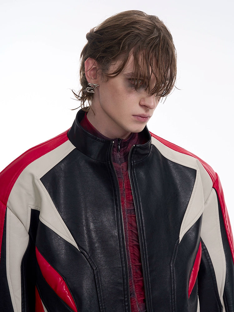 Curved-Sleeve Leather Racer Jacket