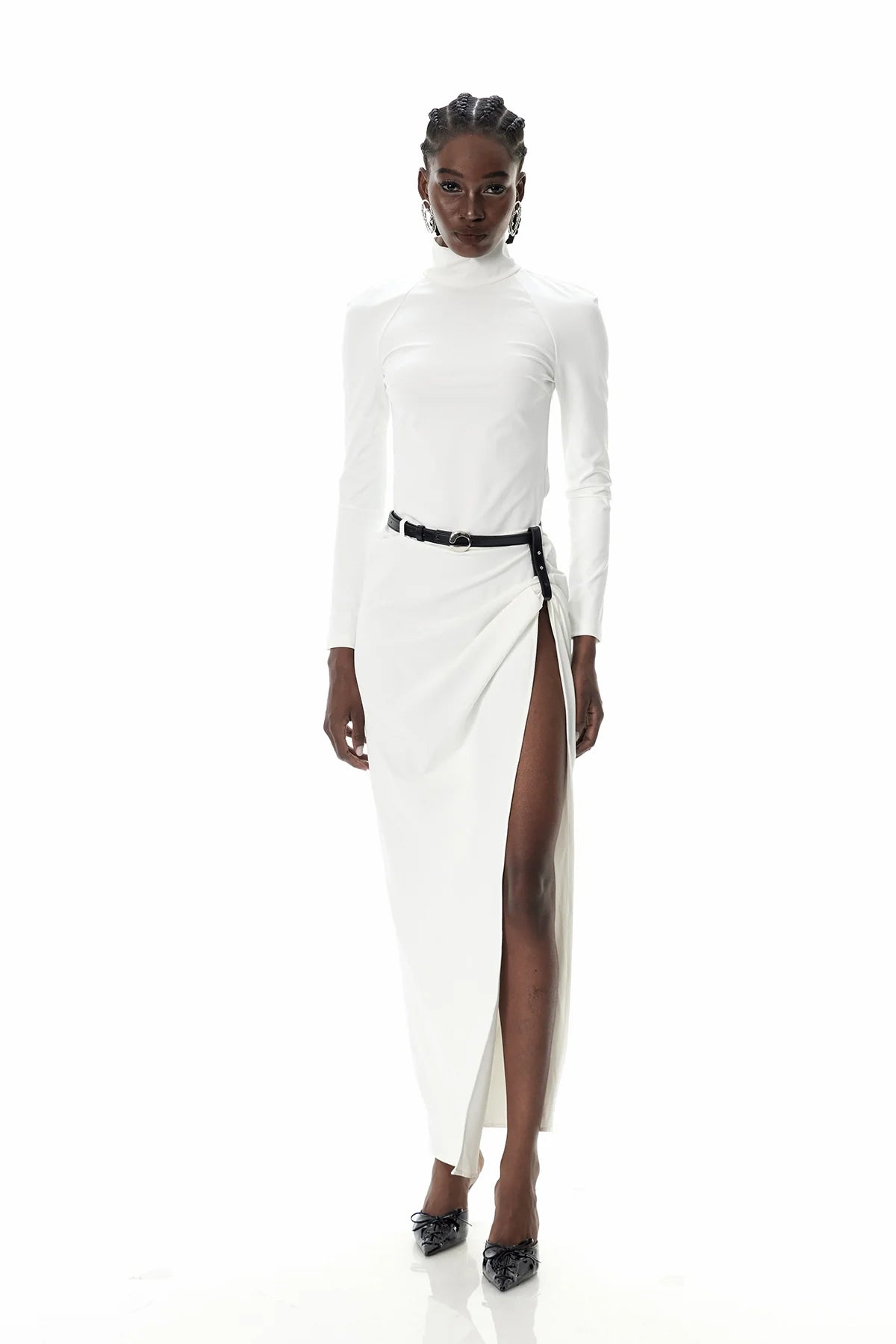 Long-Sleeve High Slit Belted Maxi Dress