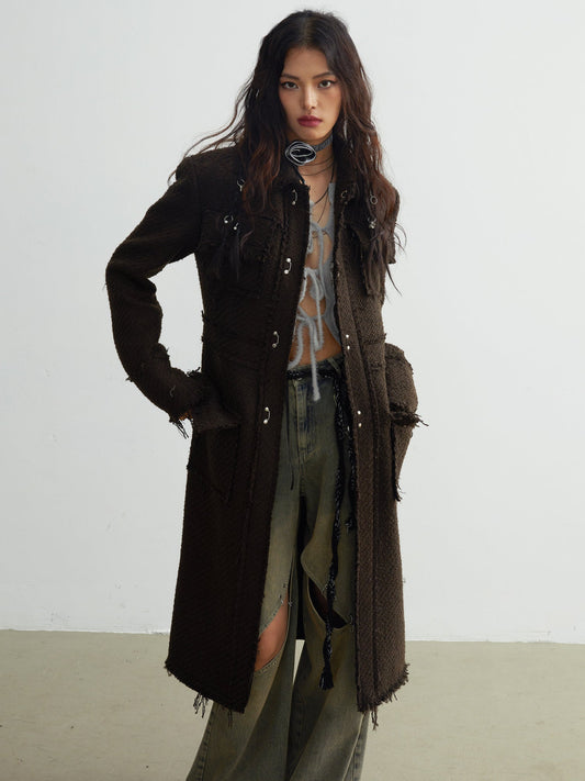Tweed Raw Edge Tassels Long Coat
