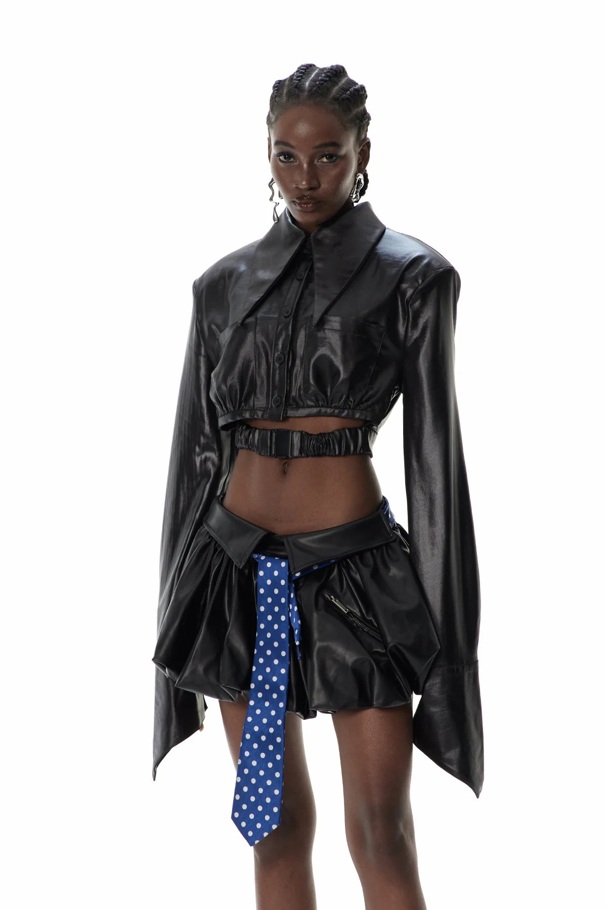 Ruched Leather Necktie Skirt