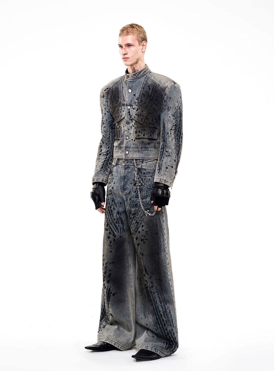 Wornout Tire Print Denim Jacket And Pant