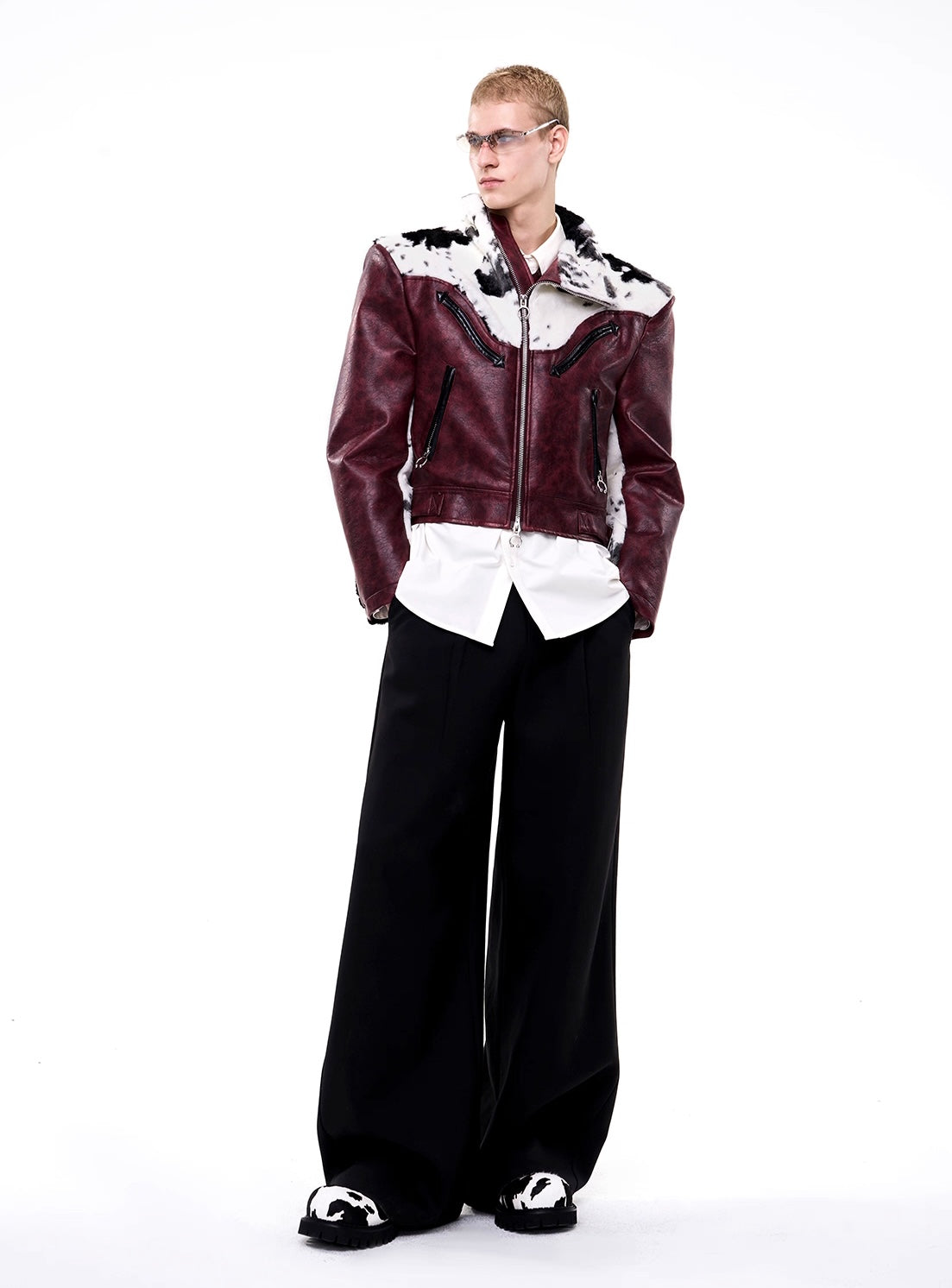 Cow Print Fur And Leather Contrast Splicing Jacket