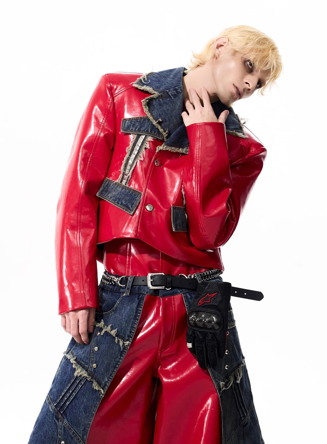 Techwear Style Leather Splicing Jacket And Wide Leg Pant Set