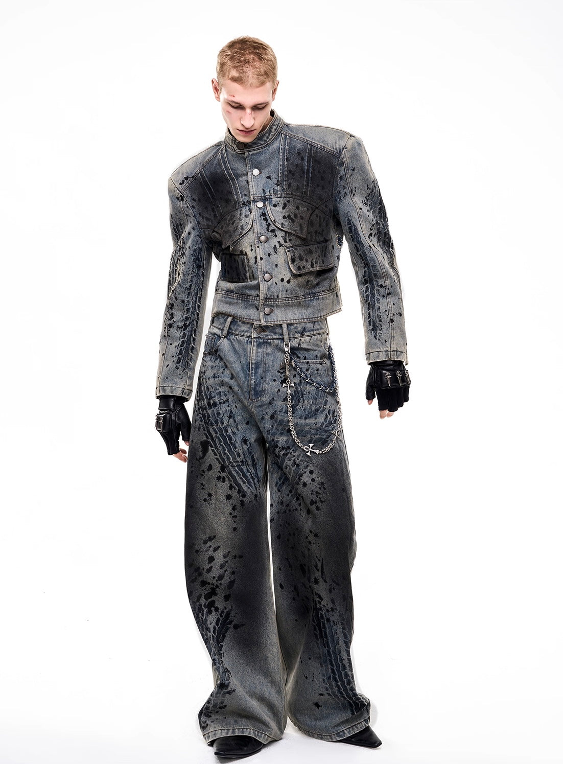 Wornout Tire Print Denim Jacket And Pant