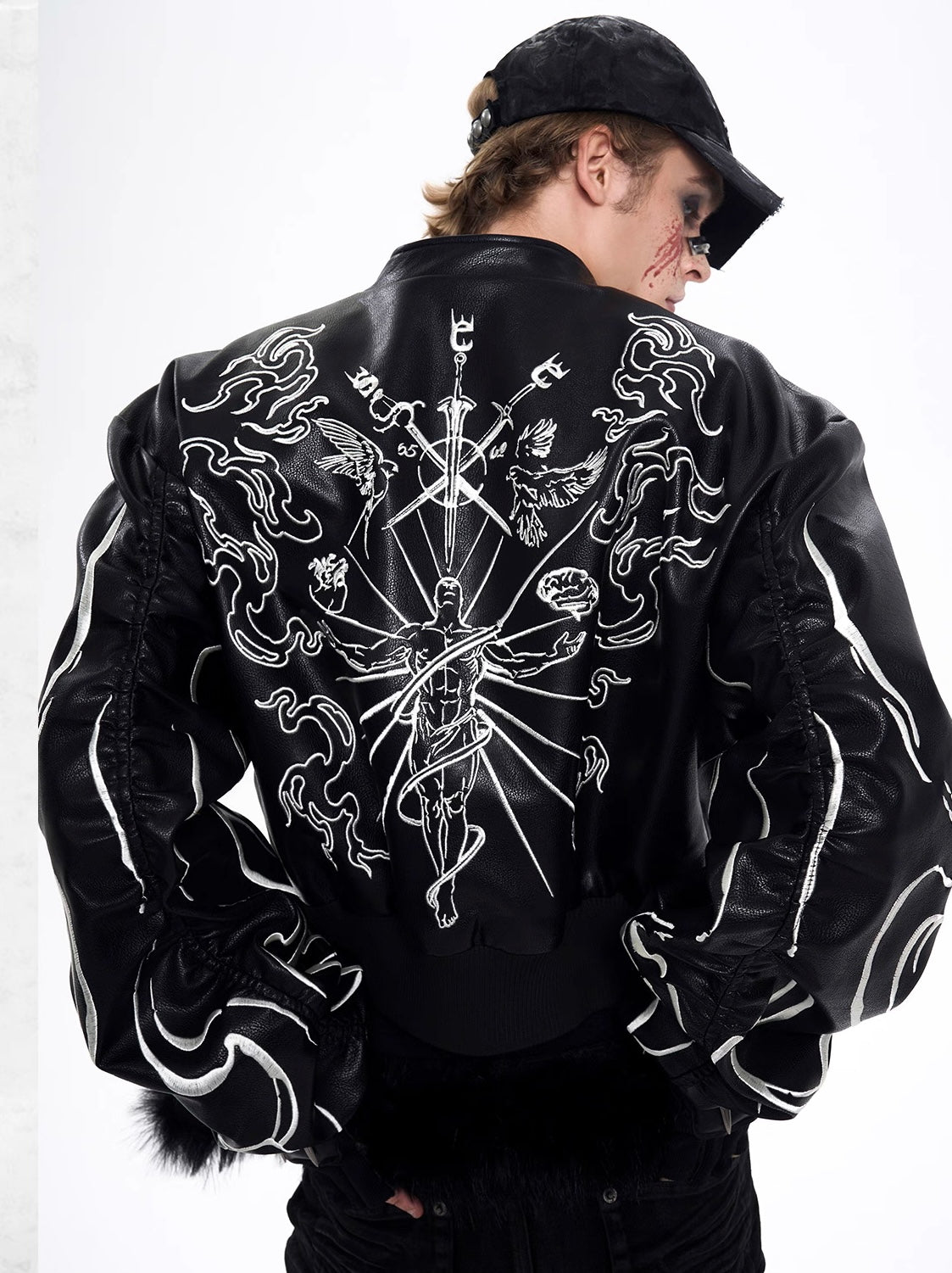 Embroidered Leather Racer Jacket