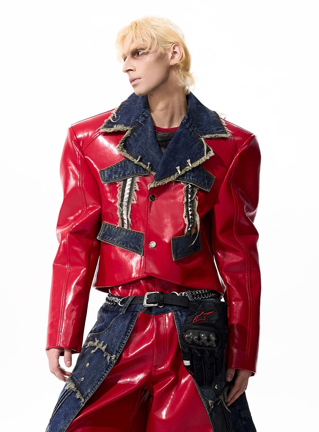 Techwear Style Leather Splicing Jacket And Wide Leg Pant Set