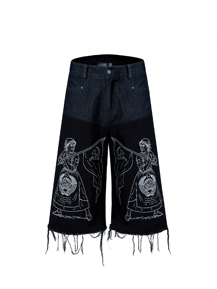 Graffiti Art Embroidered Tassel Denim Long Short
