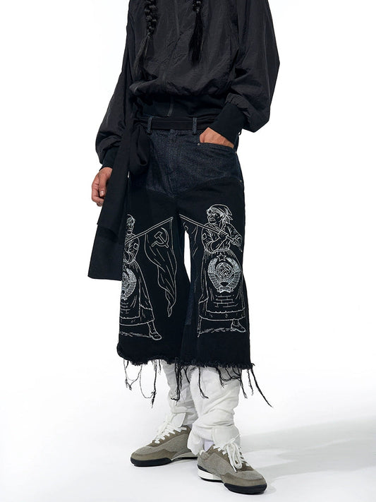 Graffiti Art Embroidered Tassel Denim Long Short