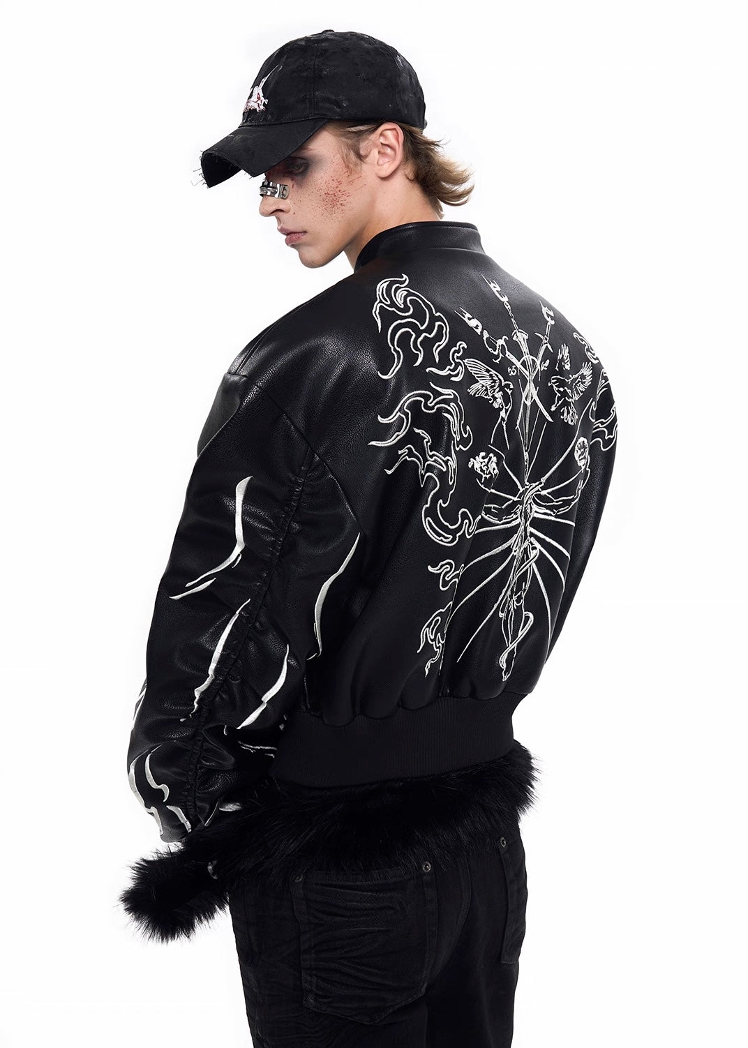 Embroidered Leather Racer Jacket