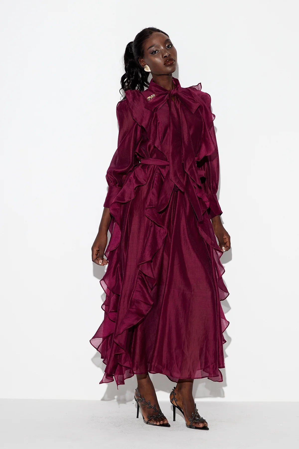 Ruffle Lace-Up Slim Waist Maxi Dress