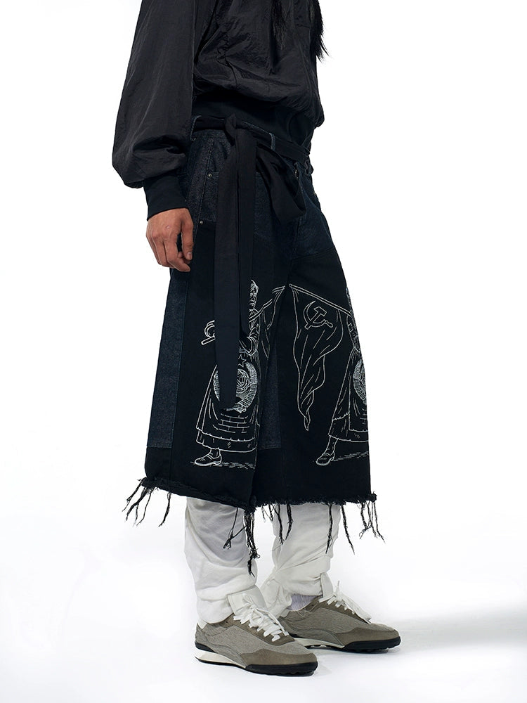 Graffiti Art Embroidered Tassel Denim Long Short