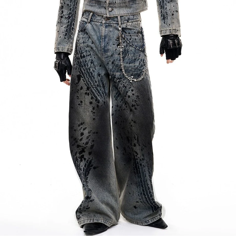 Wornout Tire Print Denim Jacket And Pant