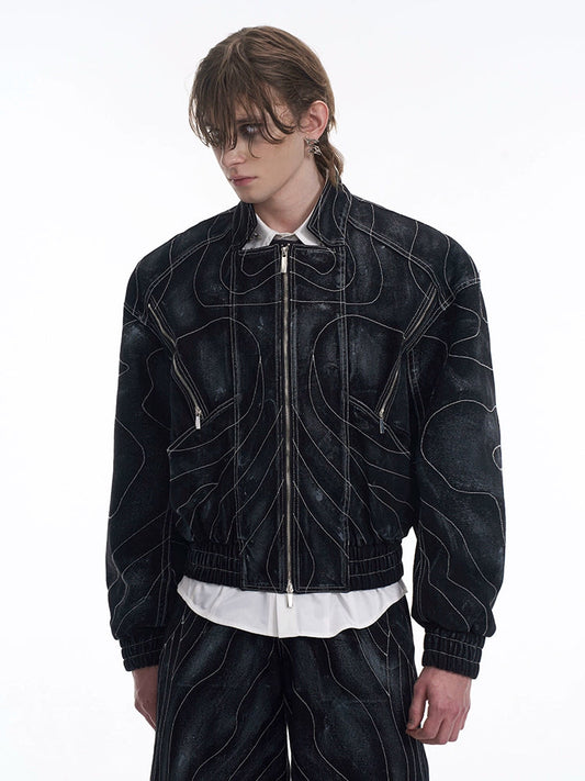 Lined Patchwork Zipper Denim Jacket