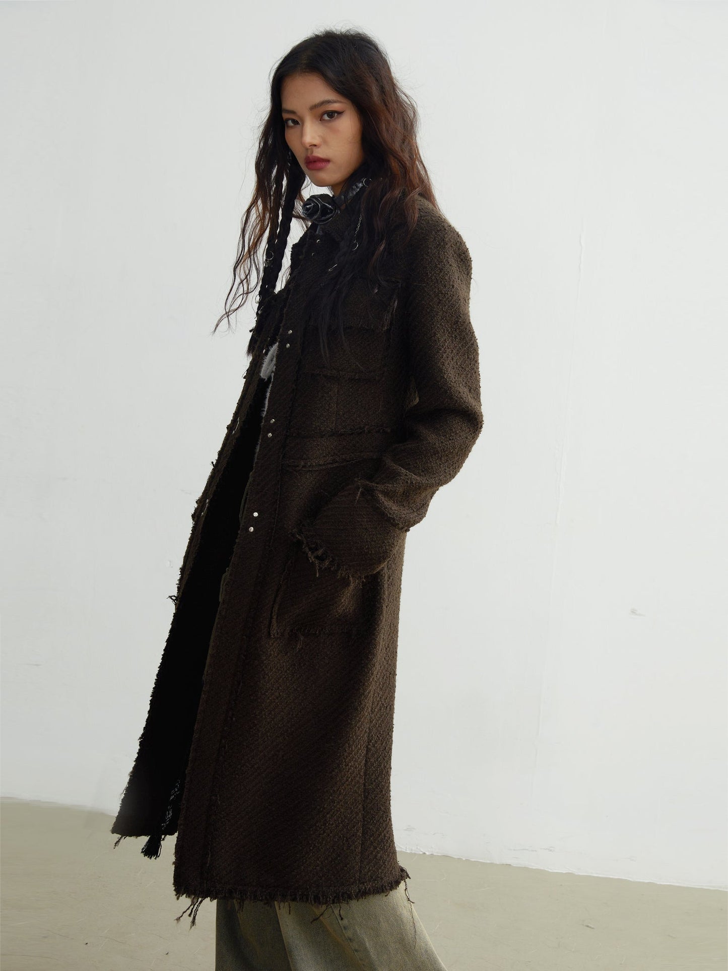 Tweed Raw Edge Tassels Long Coat