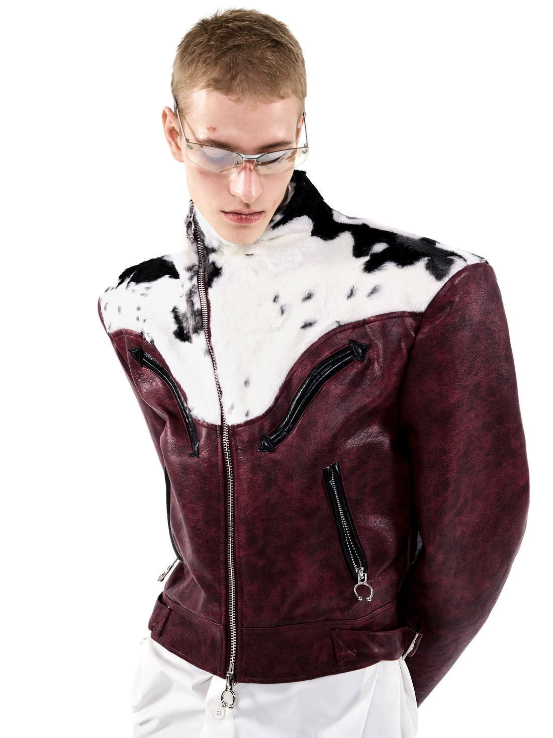 Cow Print Fur And Leather Contrast Splicing Jacket