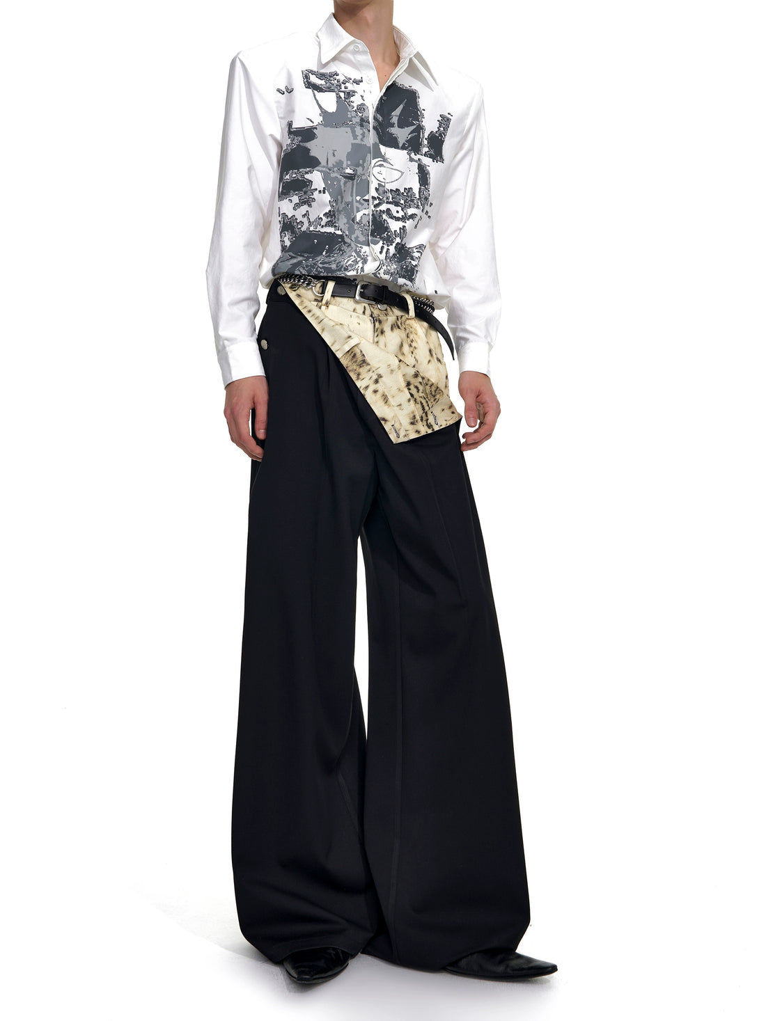 Fake Layered Leopard Print Pleated Wide Leg Pant