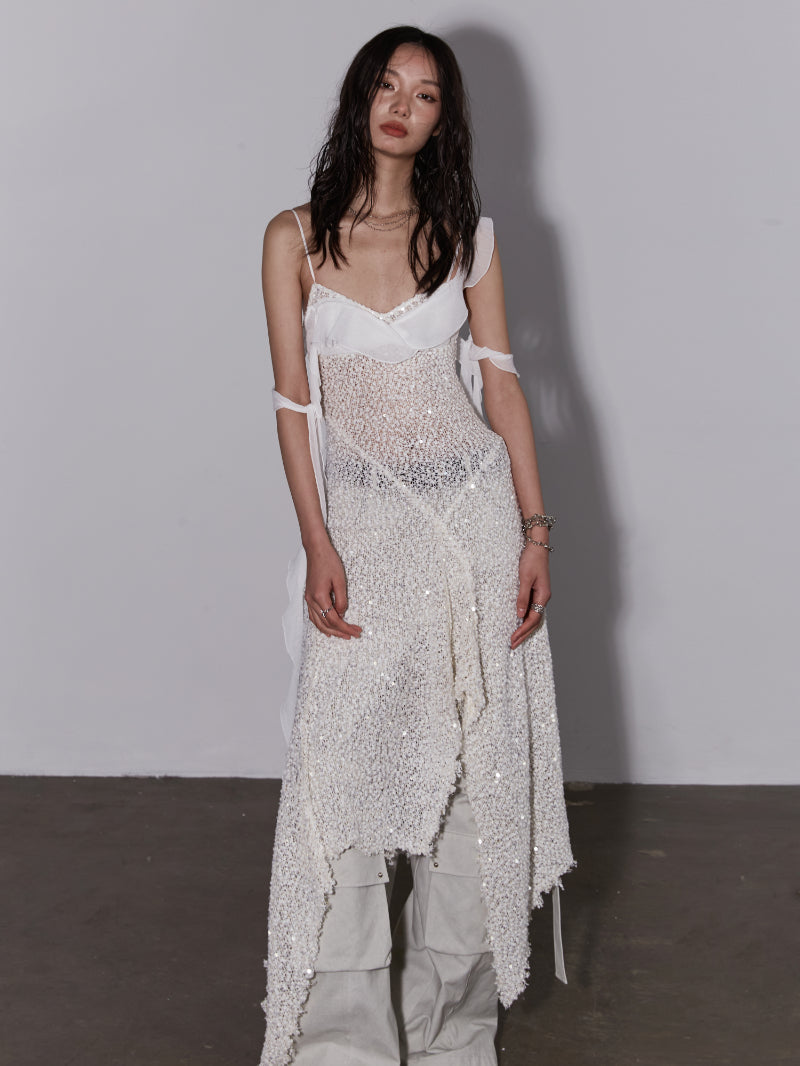 Mesh Sequins Layered Asymmetrical Dress
