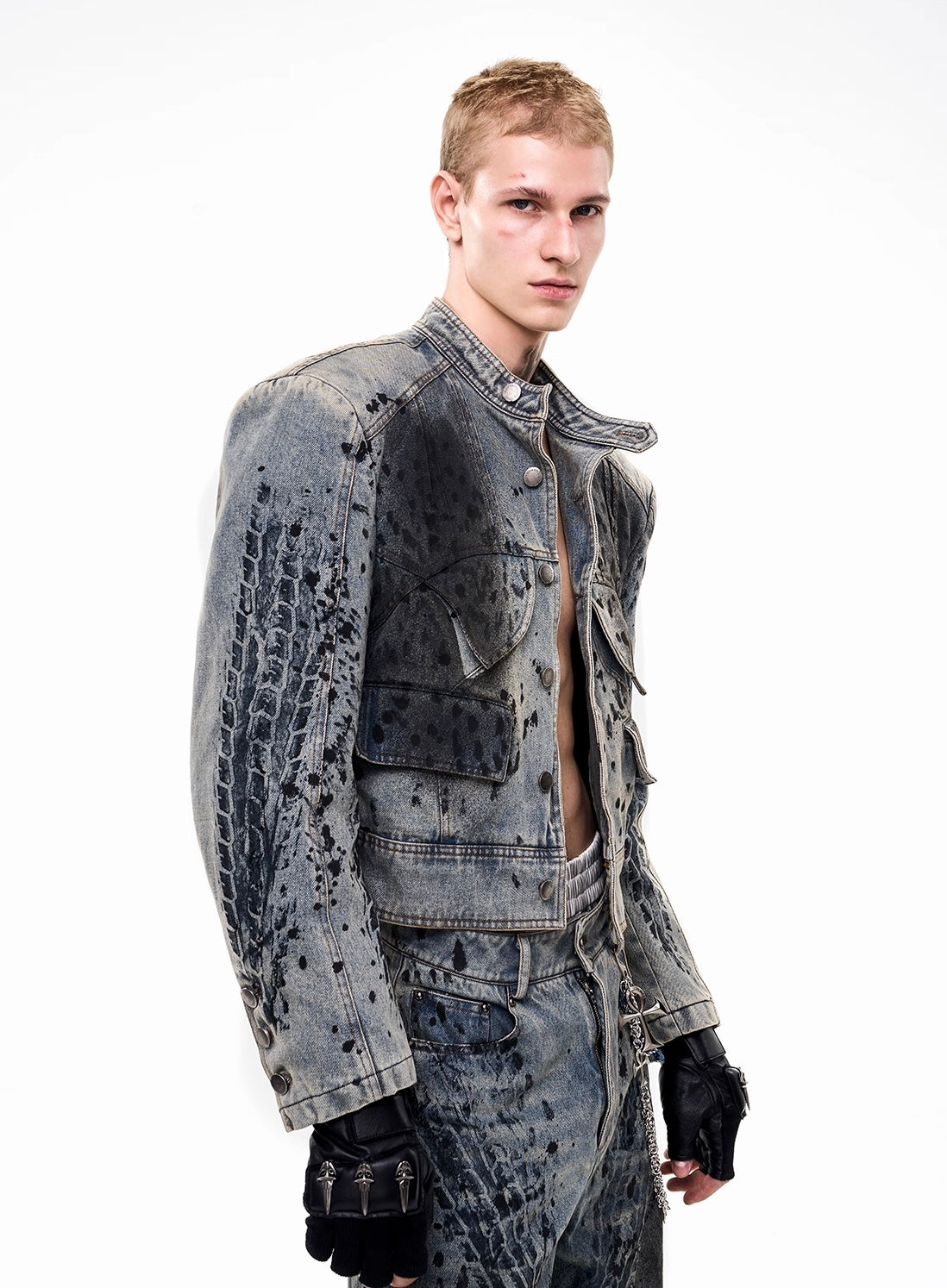 Wornout Tire Print Denim Jacket And Pant