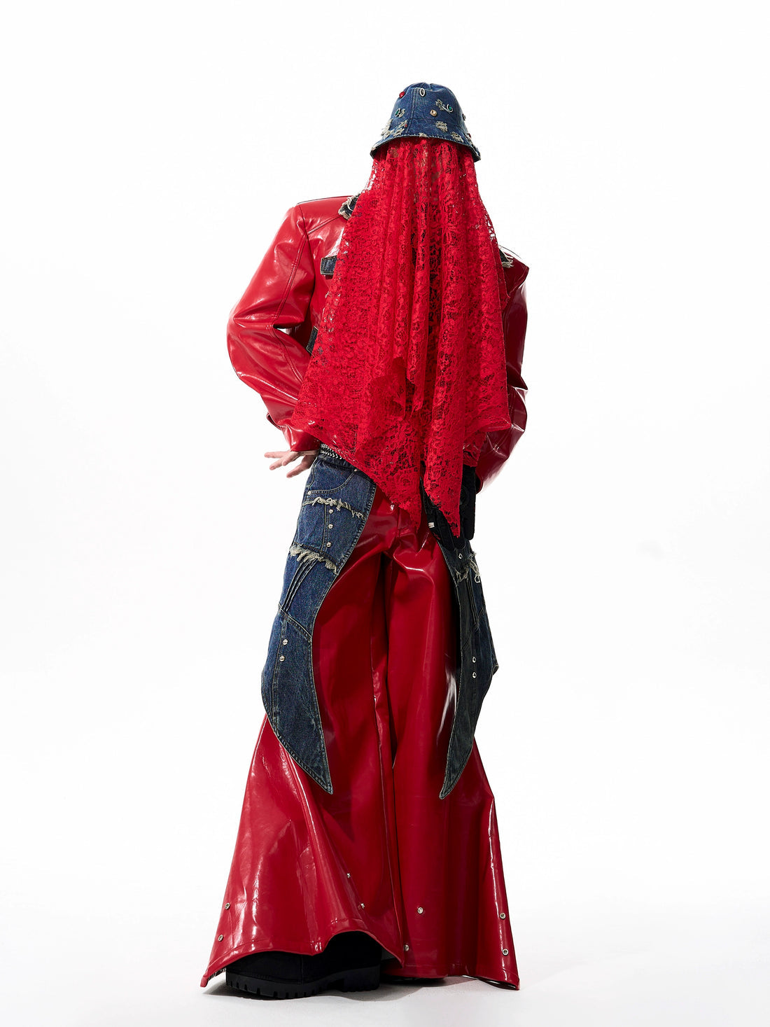 Techwear Style Leather Splicing Jacket And Wide Leg Pant Set