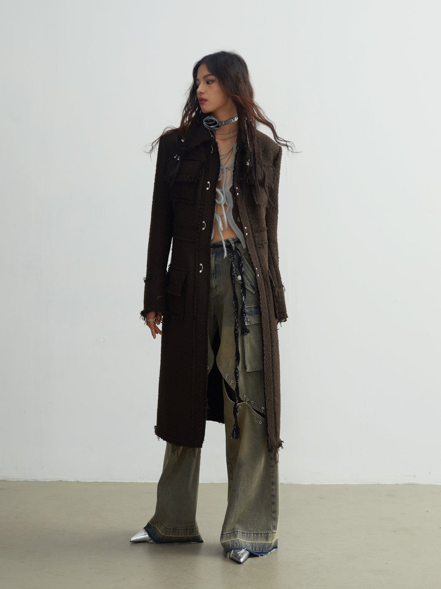 Tweed Raw Edge Tassels Long Coat