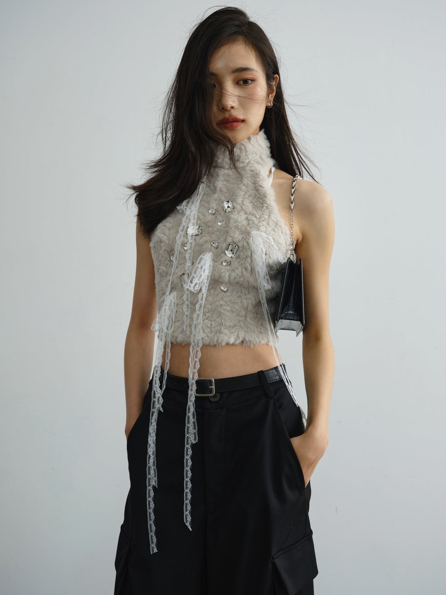 Fur Lace Tassels Rhinestone Tank Top