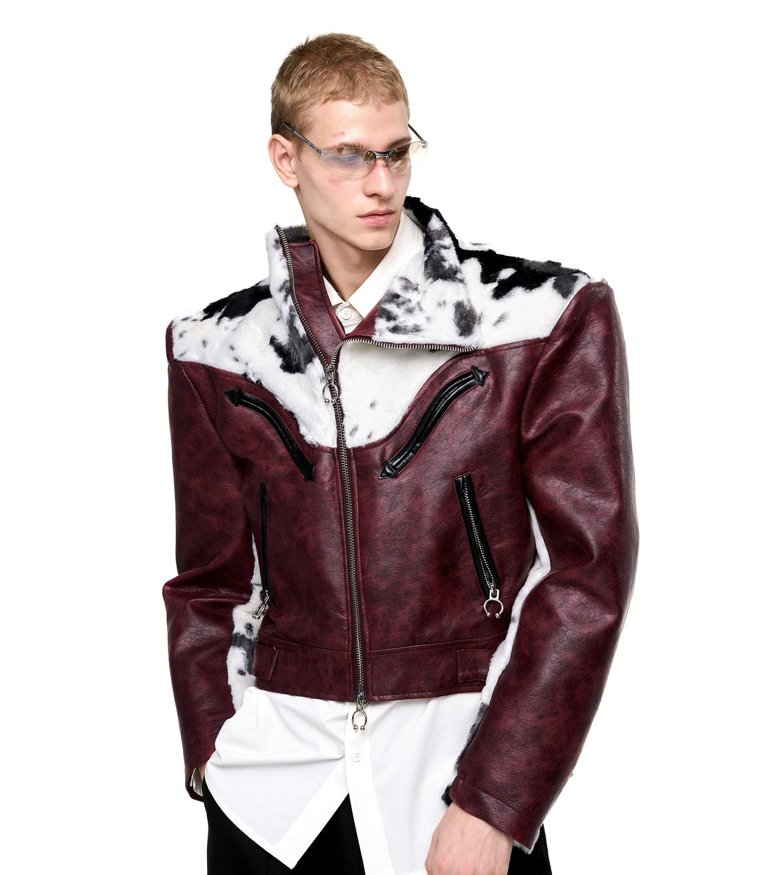 Cow Print Fur And Leather Contrast Splicing Jacket