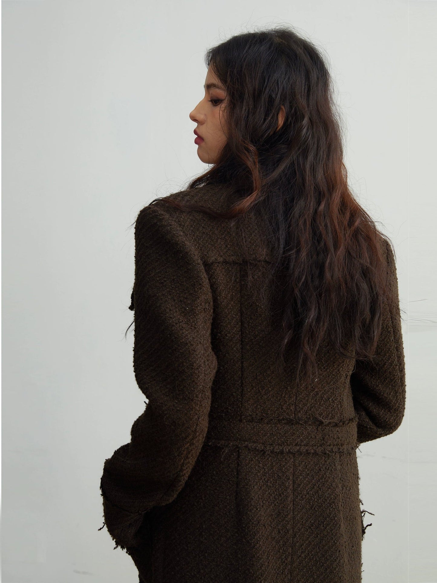 Tweed Raw Edge Tassels Long Coat