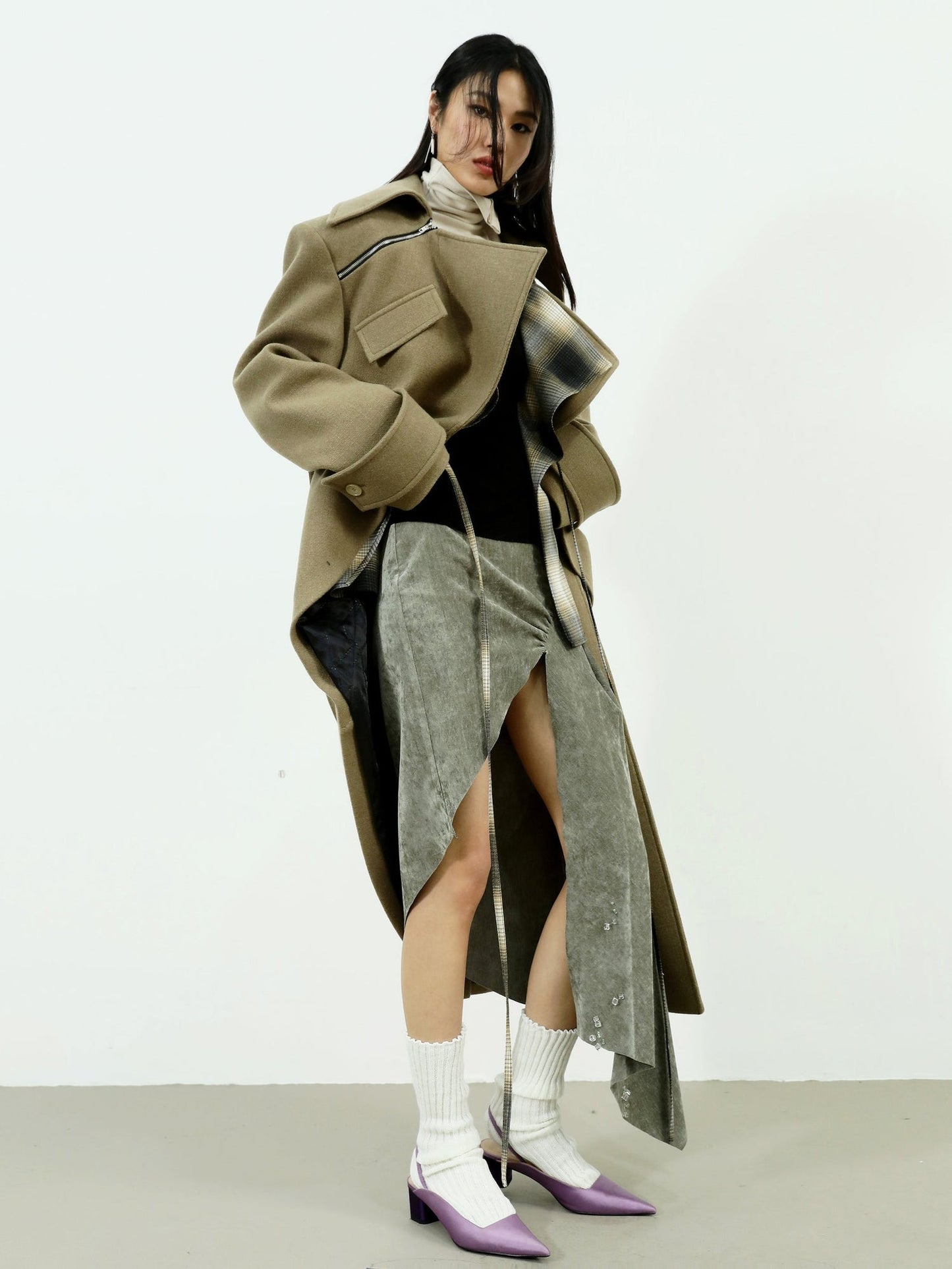 Asymmetrical Long Belted Trench Coat