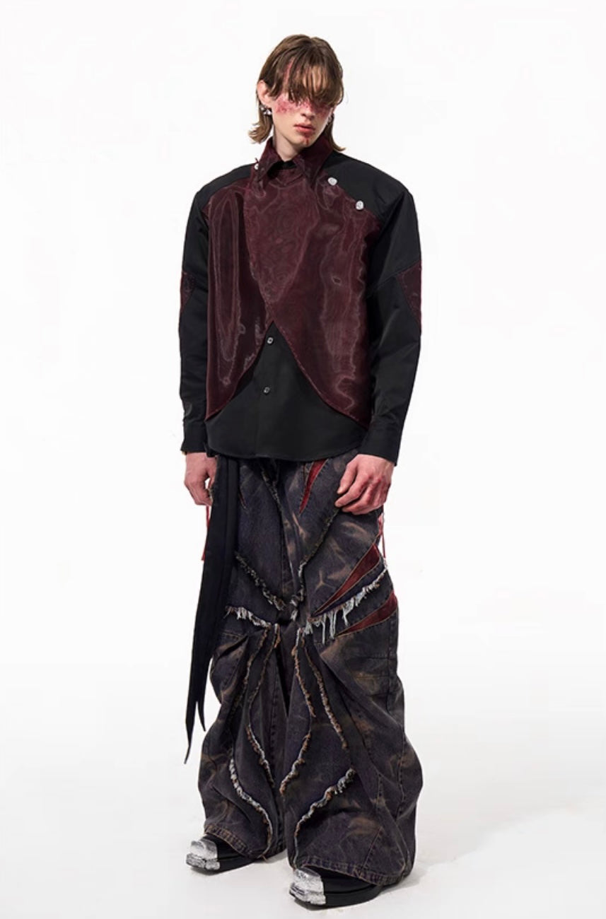 Mesh Shoulder-Pad Gauze Splicing Lapel Shirt