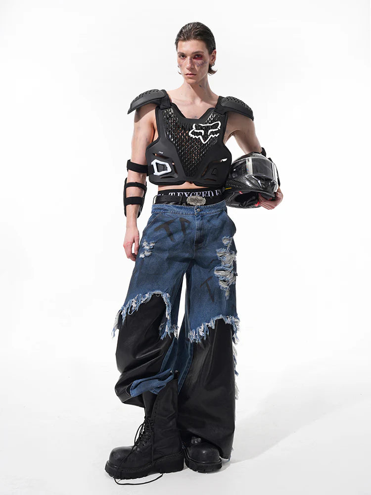 Fake Layered Raw Edge Wide-Leg Denim Pants