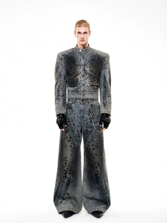 Wornout Tire Print Denim Jacket And Pant