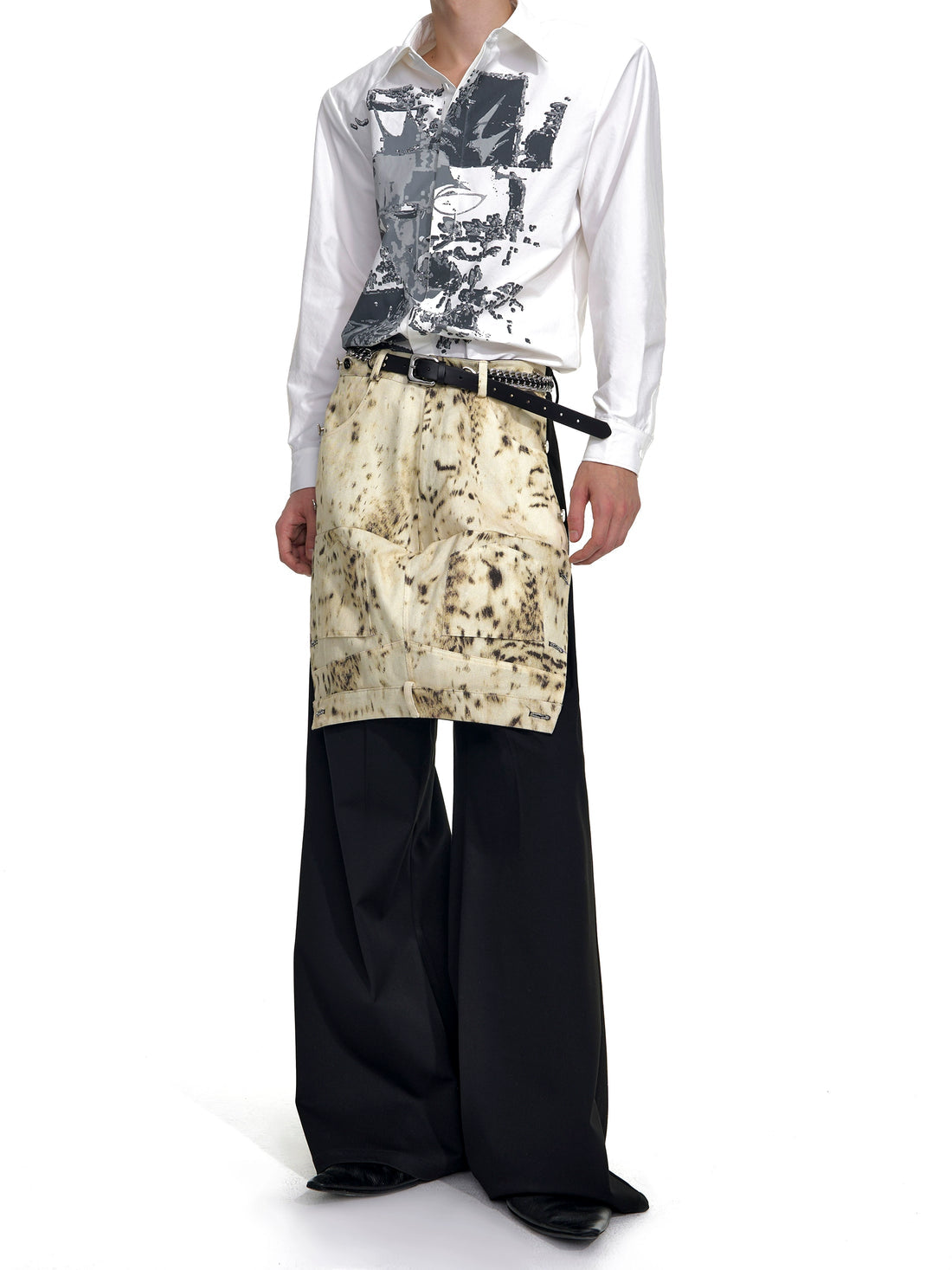 Fake Layered Leopard Print Pleated Wide Leg Pant