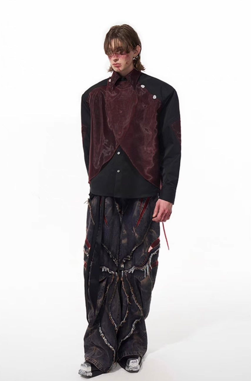 Mesh Shoulder-Pad Gauze Splicing Lapel Shirt