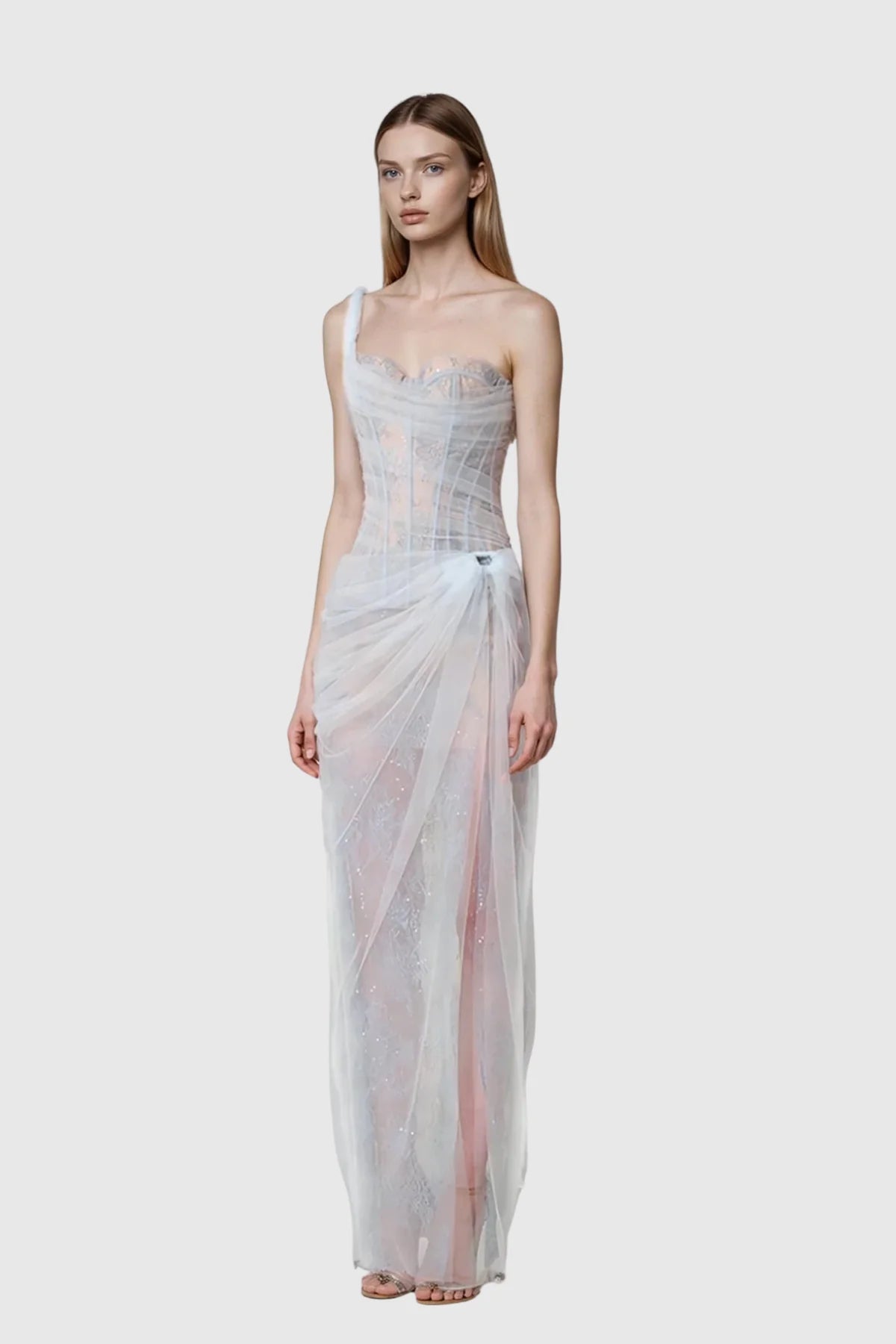 One-Shoulder Corset Mesh Maxi Dress