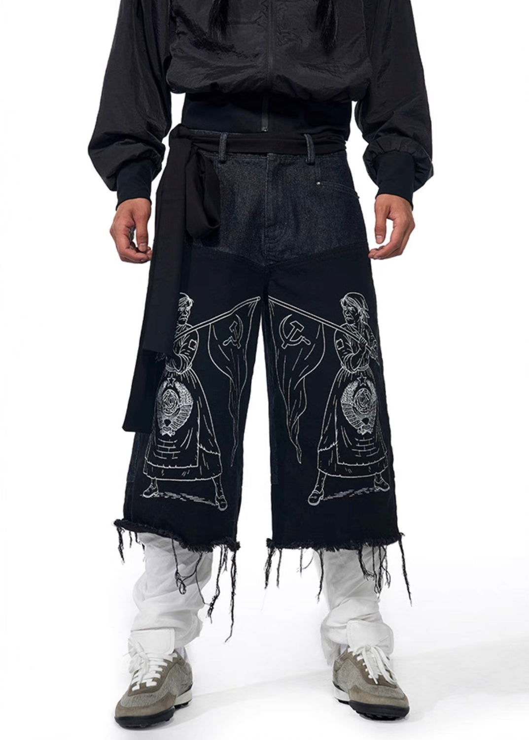 Graffiti Art Embroidered Tassel Denim Long Short
