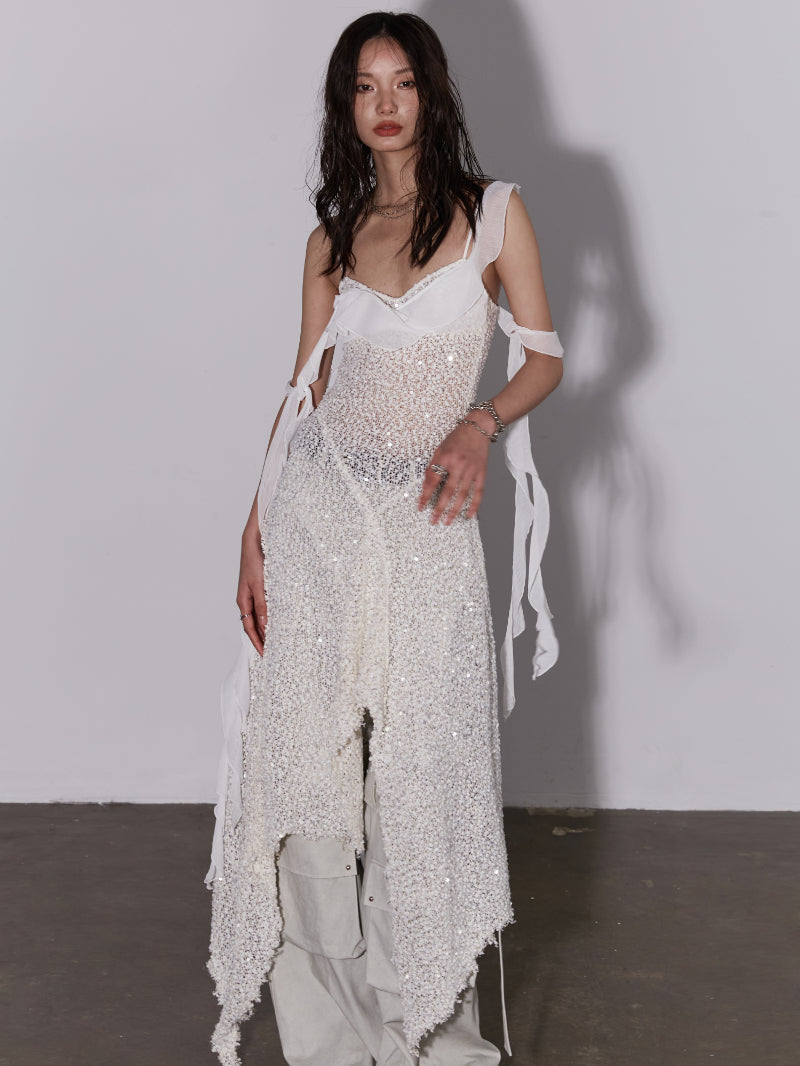 Mesh Sequins Layered Asymmetrical Dress
