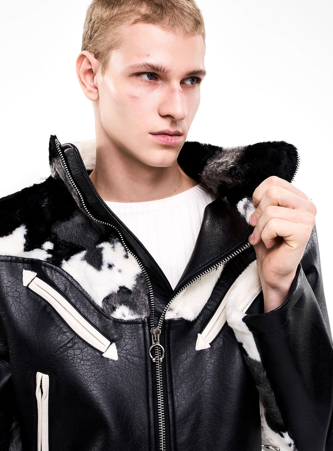 Cow Print Fur And Leather Contrast Splicing Jacket