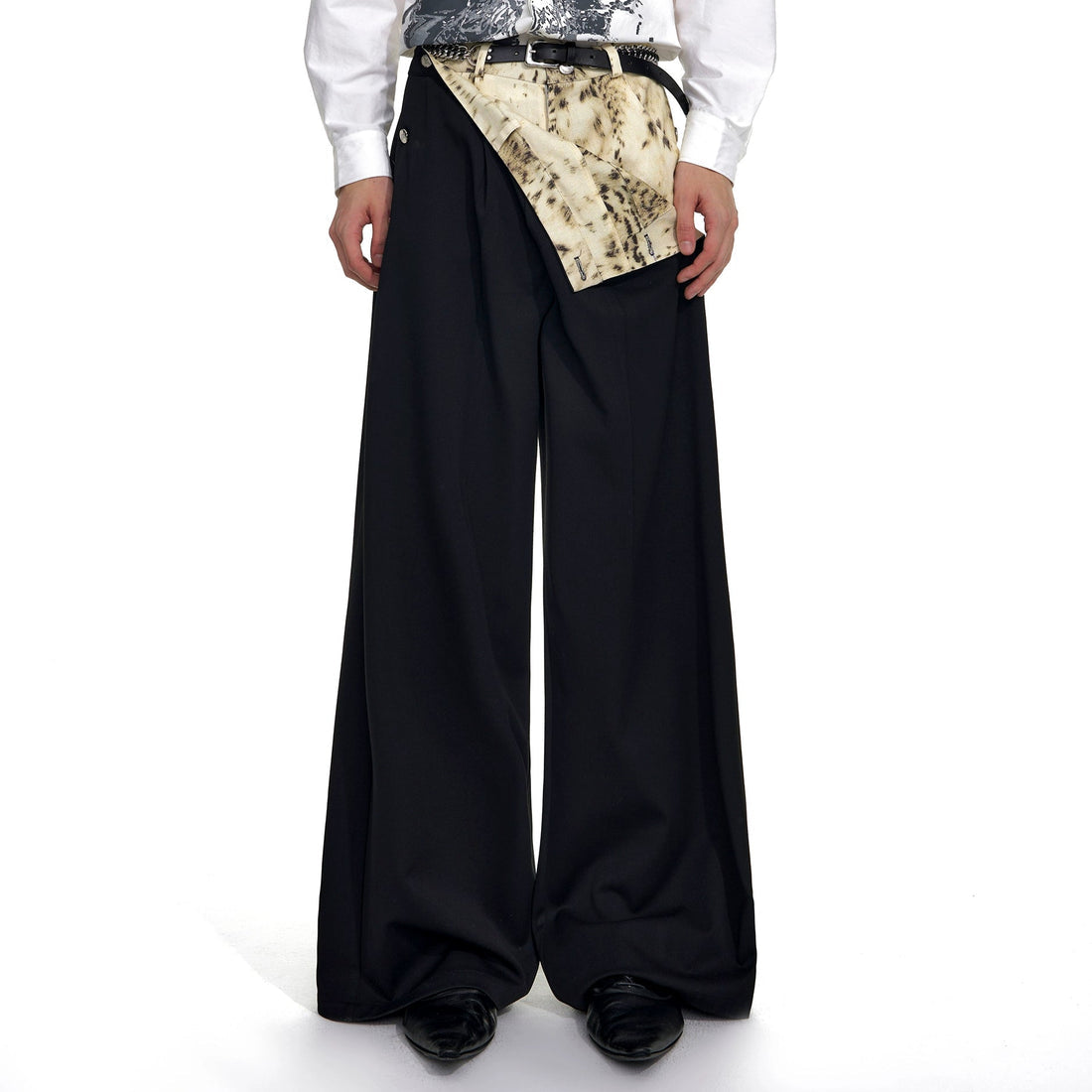 Fake Layered Leopard Print Pleated Wide Leg Pant