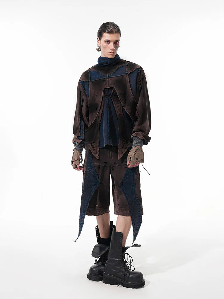 Vintage Patchwork Niche Pullover Sweater With Tank Top And Shorts