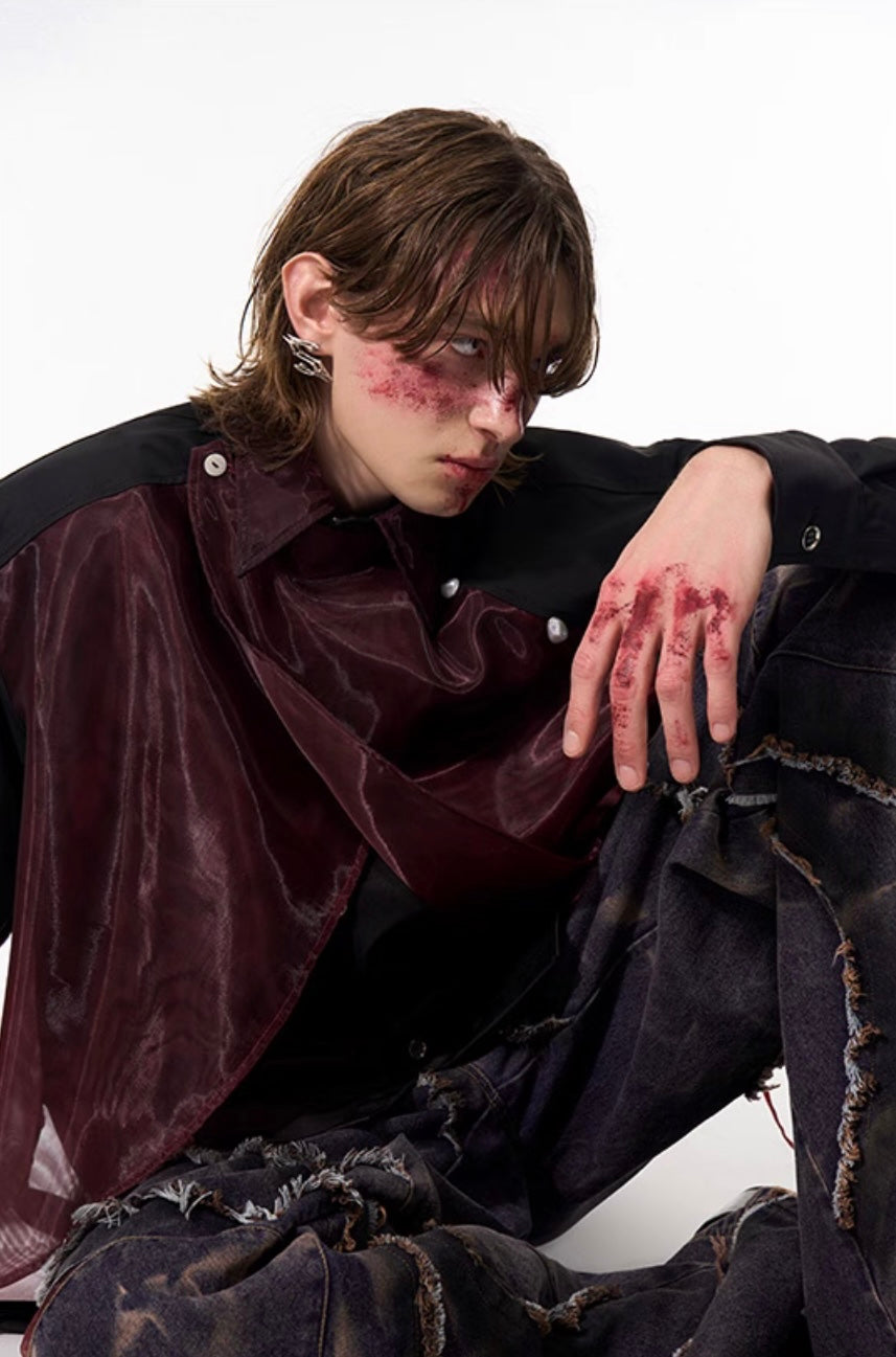 Mesh Shoulder-Pad Gauze Splicing Lapel Shirt