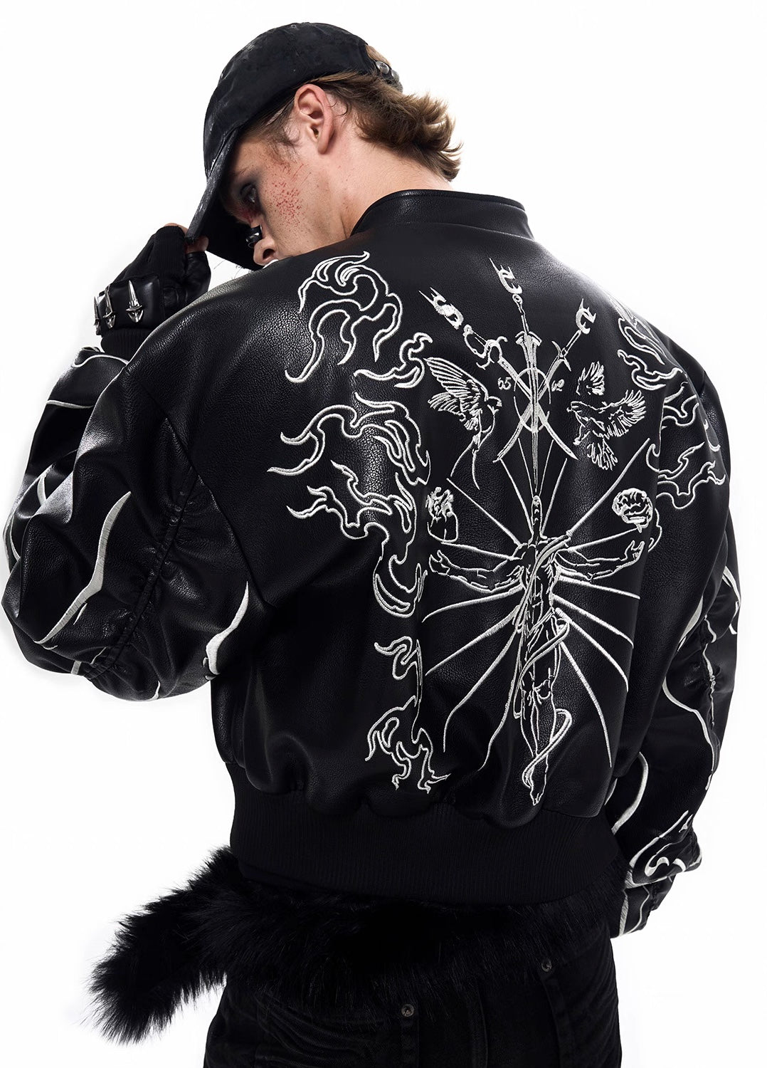 Embroidered Leather Racer Jacket