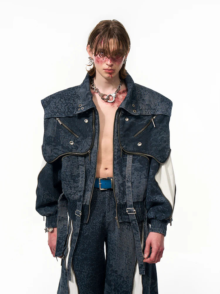 Fake Layered Patchwork Zipper Denim Jacket