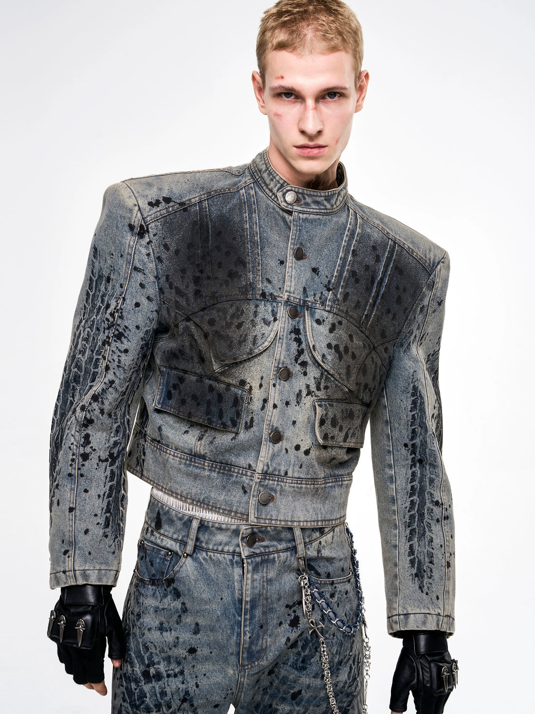 Wornout Tire Print Denim Jacket And Pant