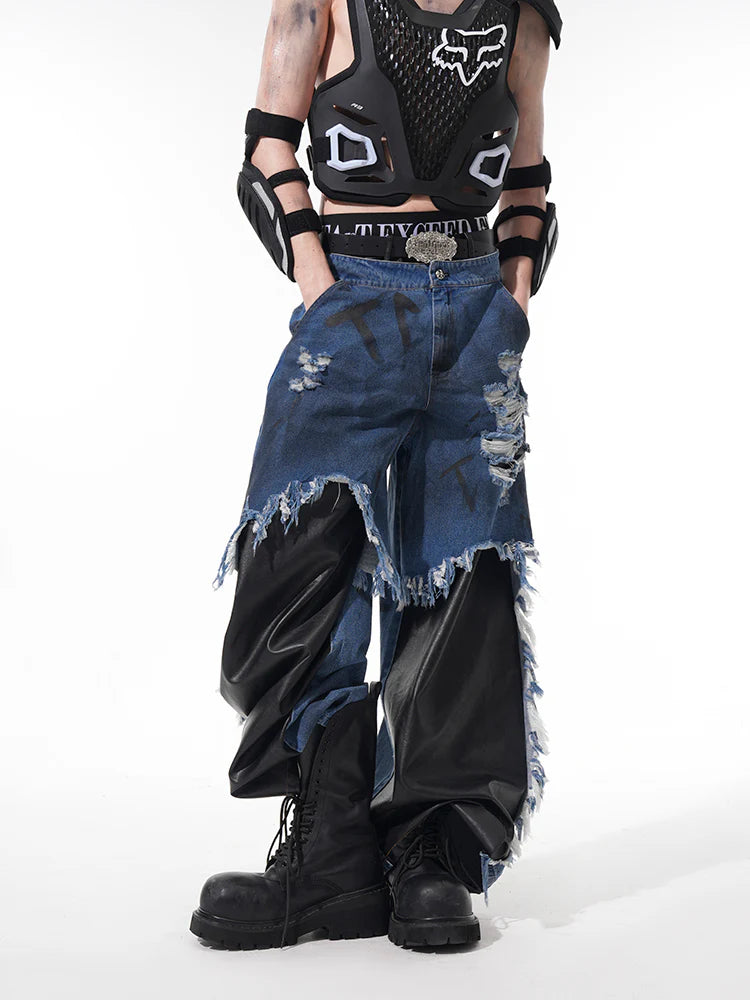 Fake Layered Raw Edge Wide-Leg Denim Pants