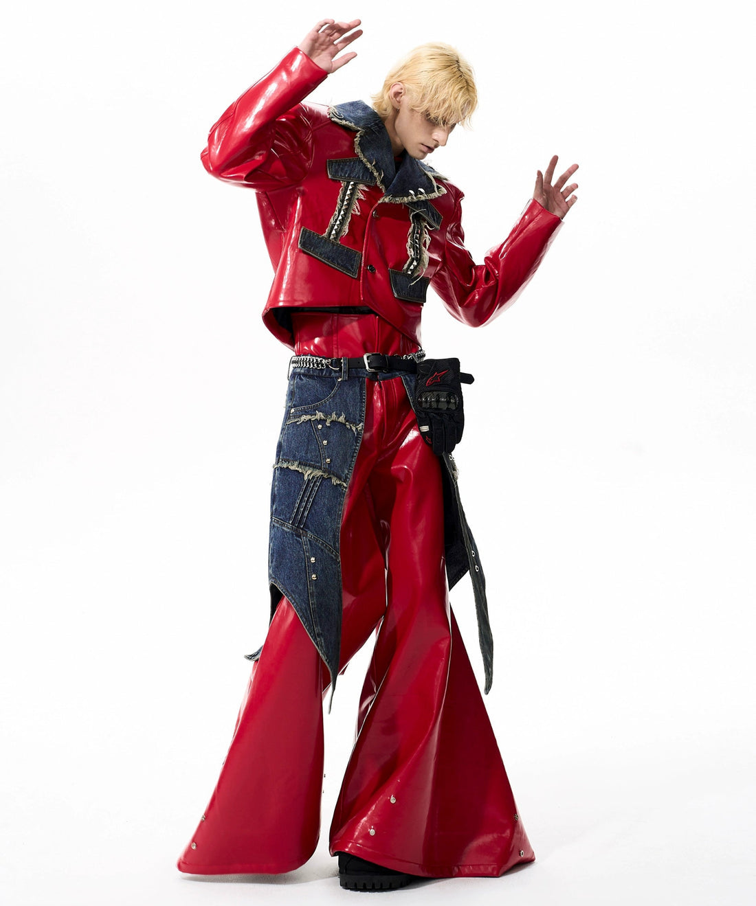 Techwear Style Leather Splicing Jacket And Wide Leg Pant Set