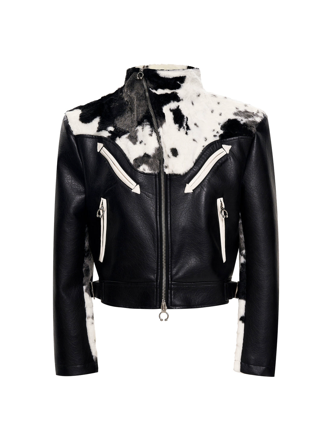 Cow Print Fur And Leather Contrast Splicing Jacket