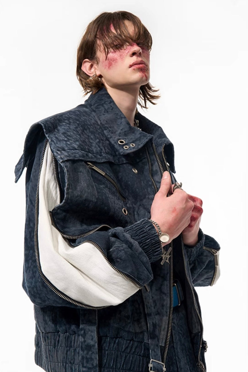 Fake Layered Patchwork Zipper Denim Jacket