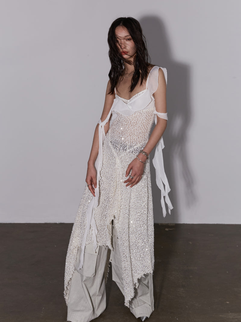 Mesh Sequins Layered Asymmetrical Dress