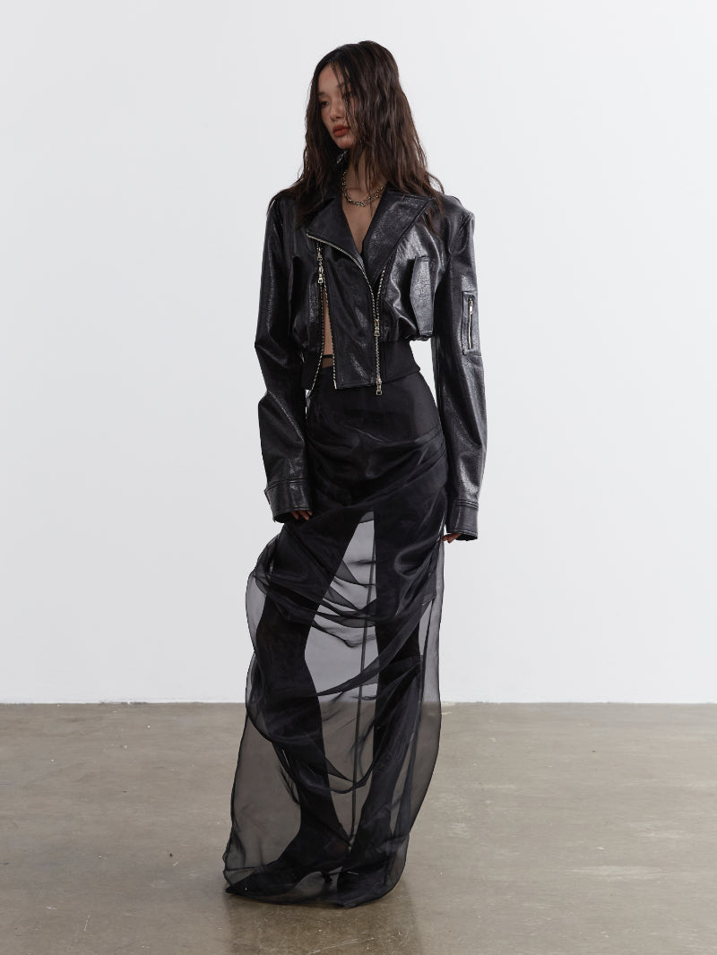 High-Waist Sheer Flare Pleated Skirt