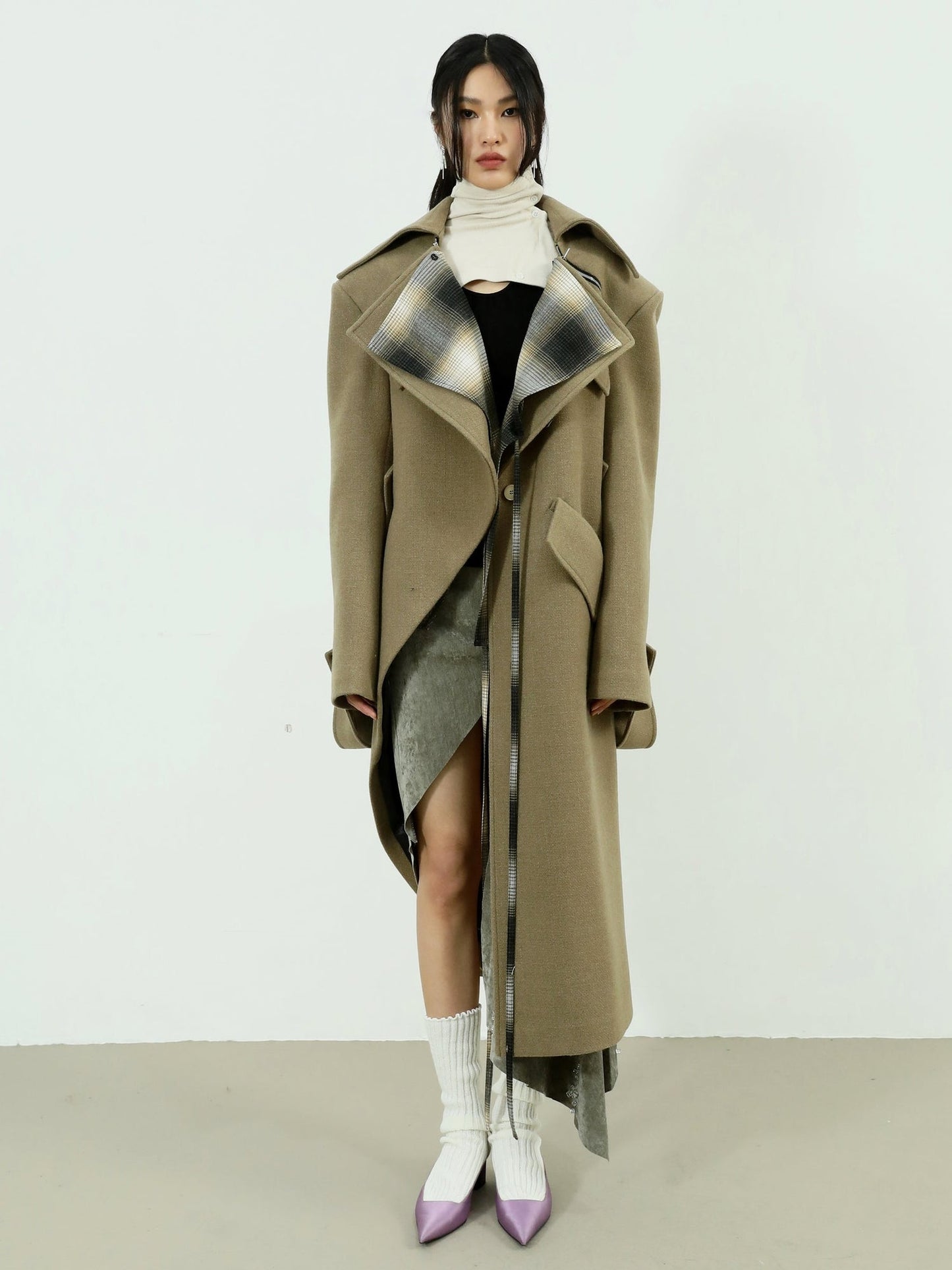 Asymmetrical Long Belted Trench Coat